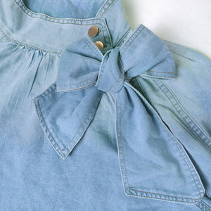 Bow Tie Puff Sleeve Denim Blouse Top