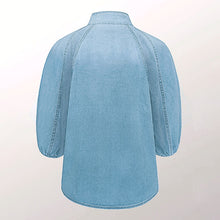 Load image into Gallery viewer, Bow Tie Puff Sleeve Denim Blouse Top
