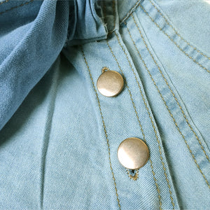 Bow Tie Puff Sleeve Denim Blouse Top