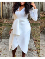 White Long Sleeve V-Neck Wrap Dress